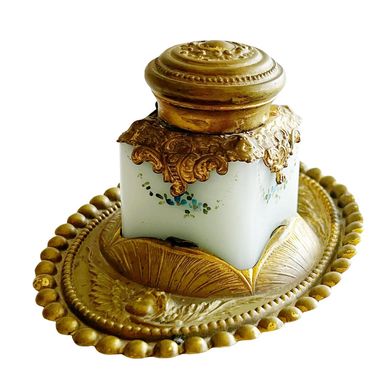 French Opaline And Brass Inkwell