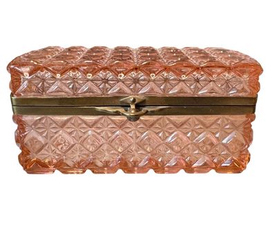 Large Antique Continental Pink Pressed Glass Jewelry Casket with Brass Mounts