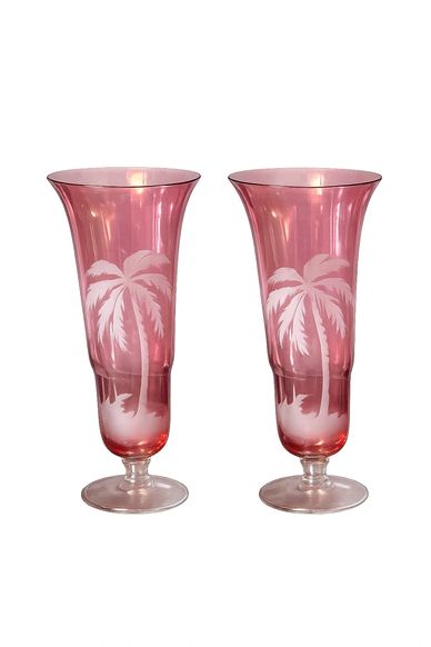 Cranberry Etched Art Glass Vases with Palm Tree Decoration 
