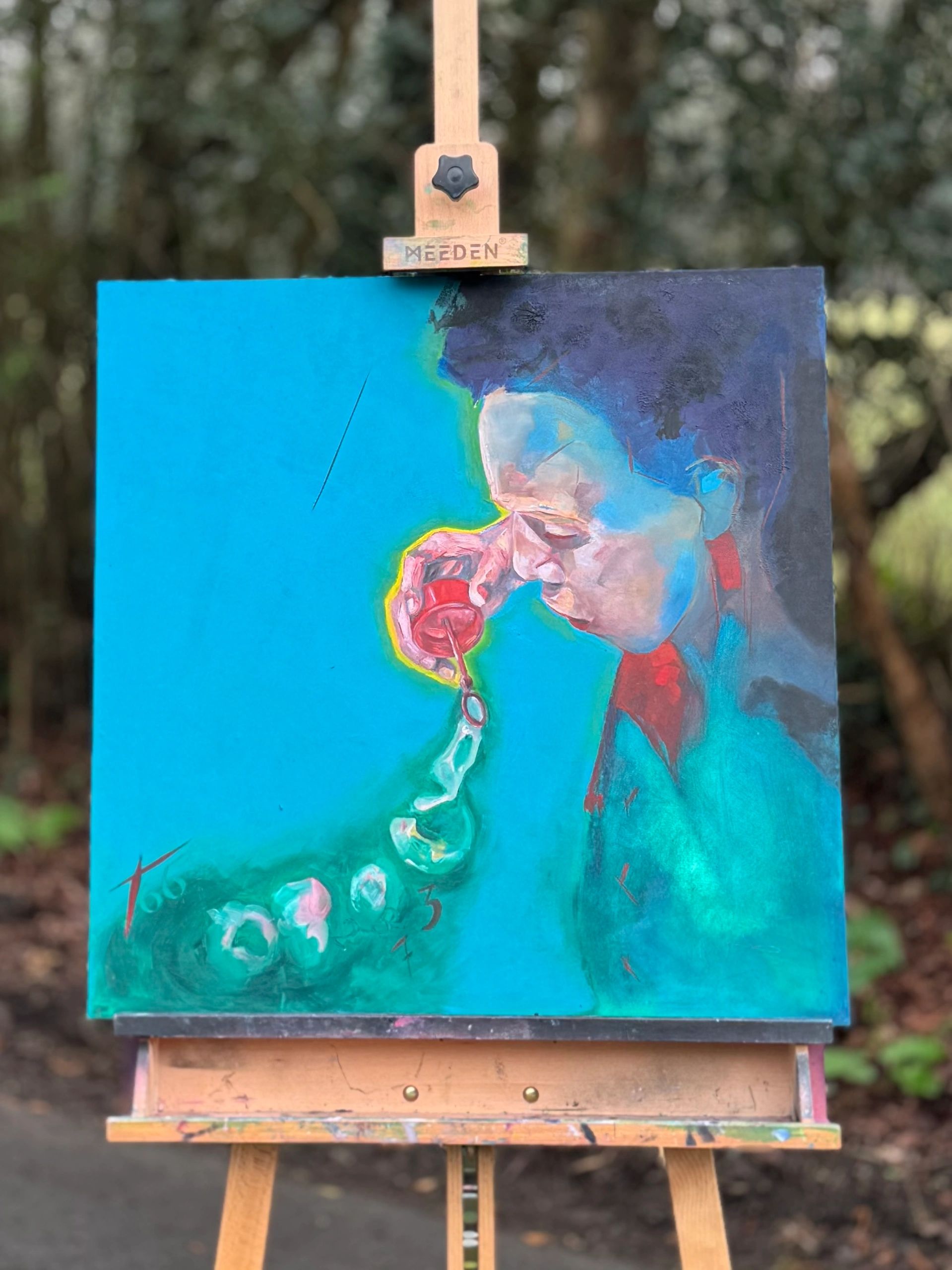 Person blowing bubbles oil painting