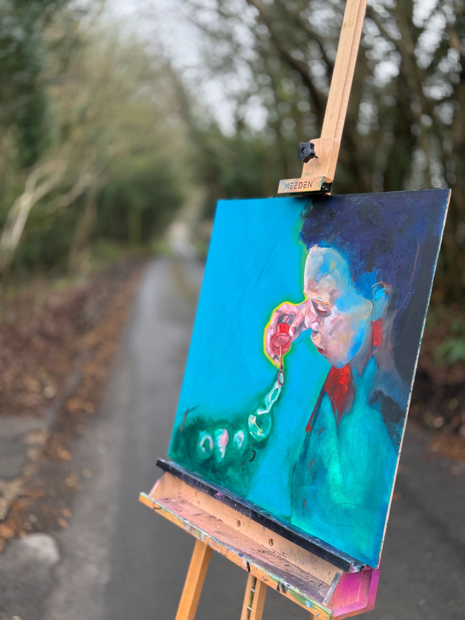Kid blowing bubbles canvas painting on drawing board