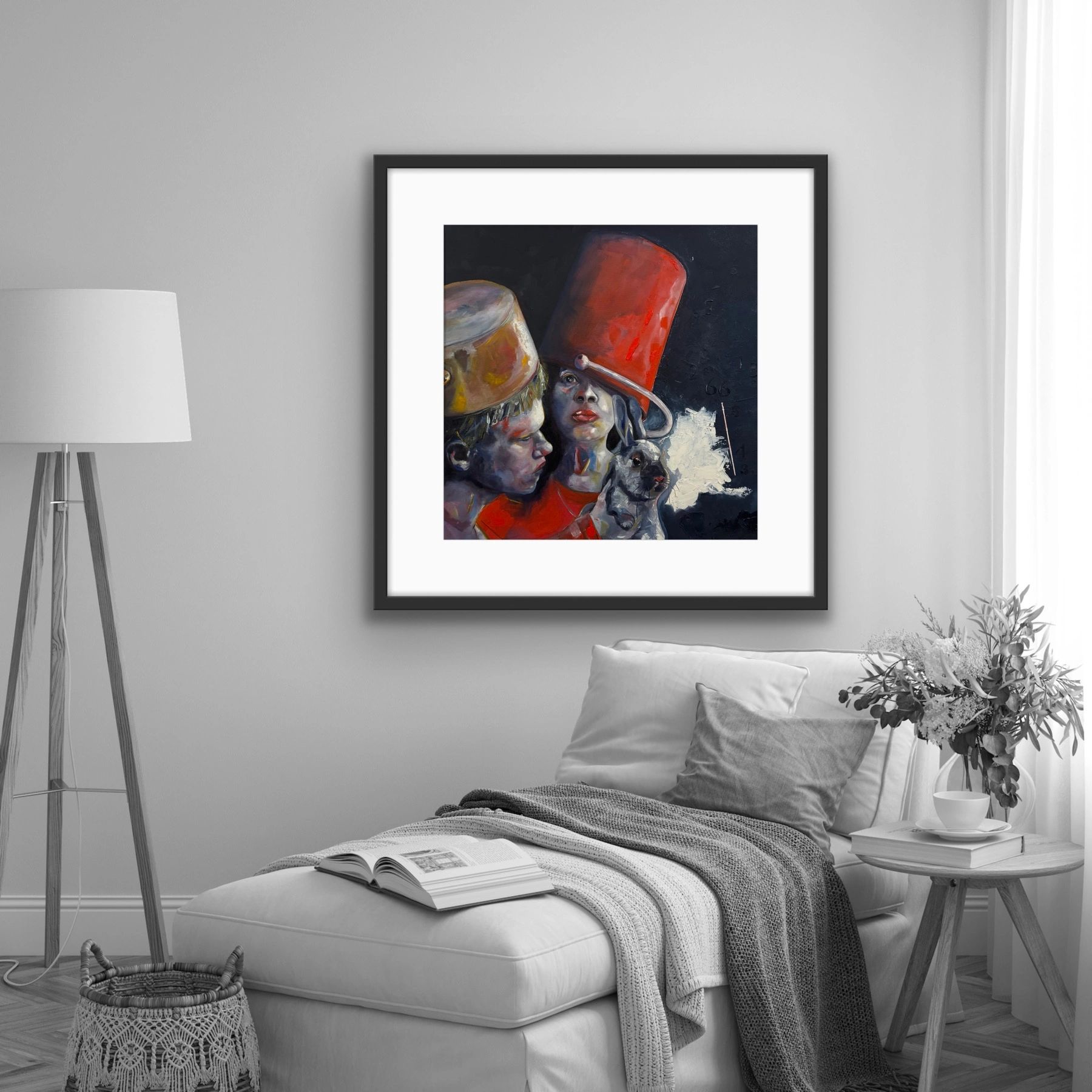 Buckets and pan on head of children contemporary art