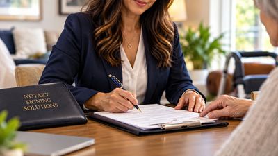 A notary public assisting a client with signing documents.