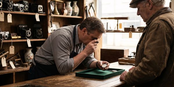 Man inspecting a pocket watch in an antique store.