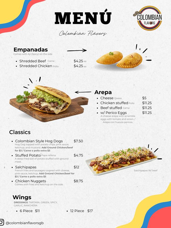 Menu showcasing Colombian dishes like empanadas, arepas, classics, and wings with prices.