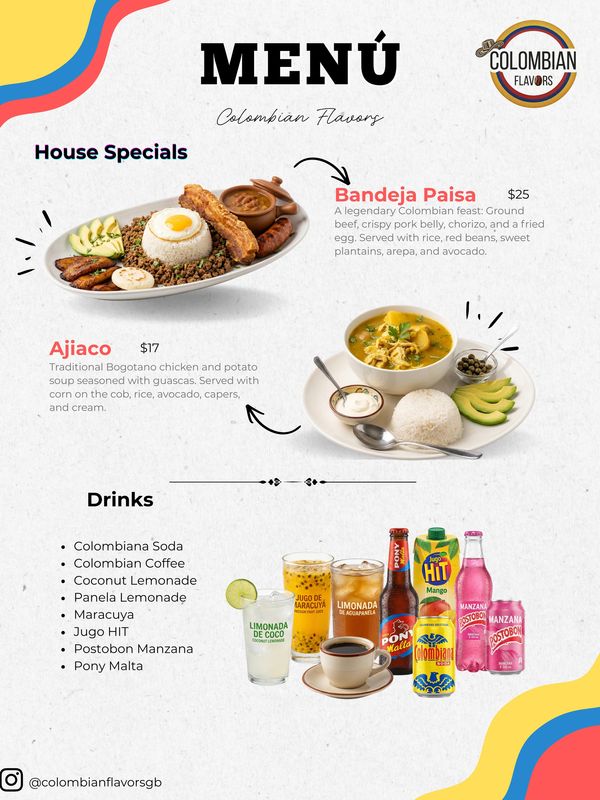 Colombian menu featuring Bandeja Paisa, Ajiaco soup, and traditional drinks.