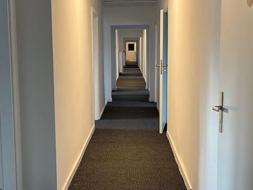 Long corridor with multiple doors and dim lighting.