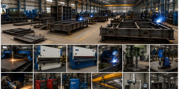 Industrial metal fabrication workshop with welding and machinery.