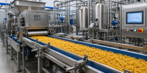 Automated pasta production line in a factory.