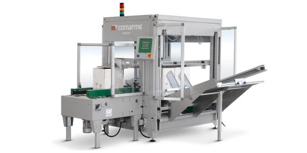 Automated packaging machine with conveyor belts and a control panel.
