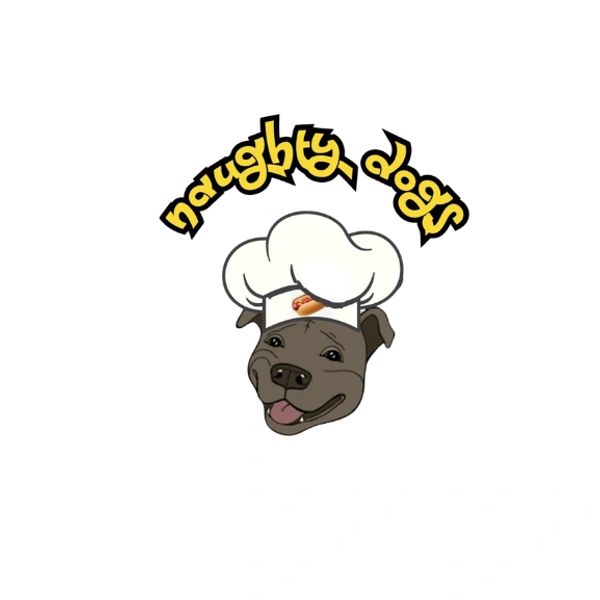Logo of a dog's head wearing a chef's hat with text 'naughty dogs'.