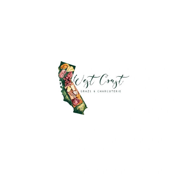 Logo with California shape filled with charcuterie and text 'West Coast Graze &amp; Charcuterie'.