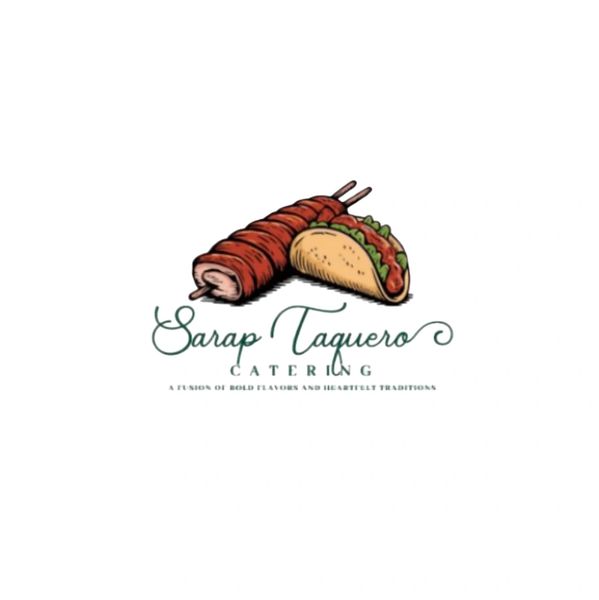 Logo of Sarap Taquero Catering with skewer and taco illustrations.