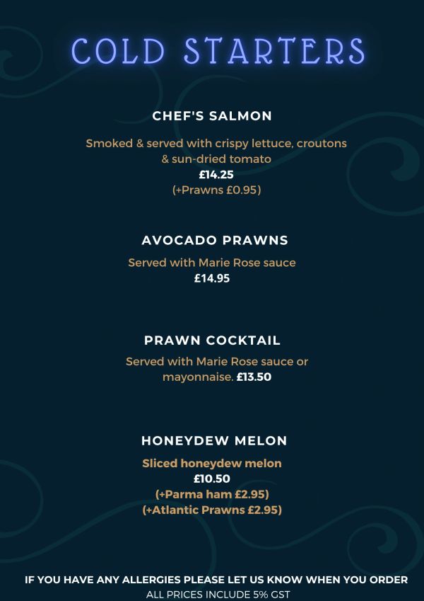 Menu of cold starters with prices and description.