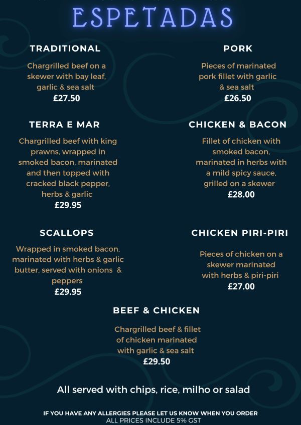 Menu of Espetadas with various grilled meat and seafood options.