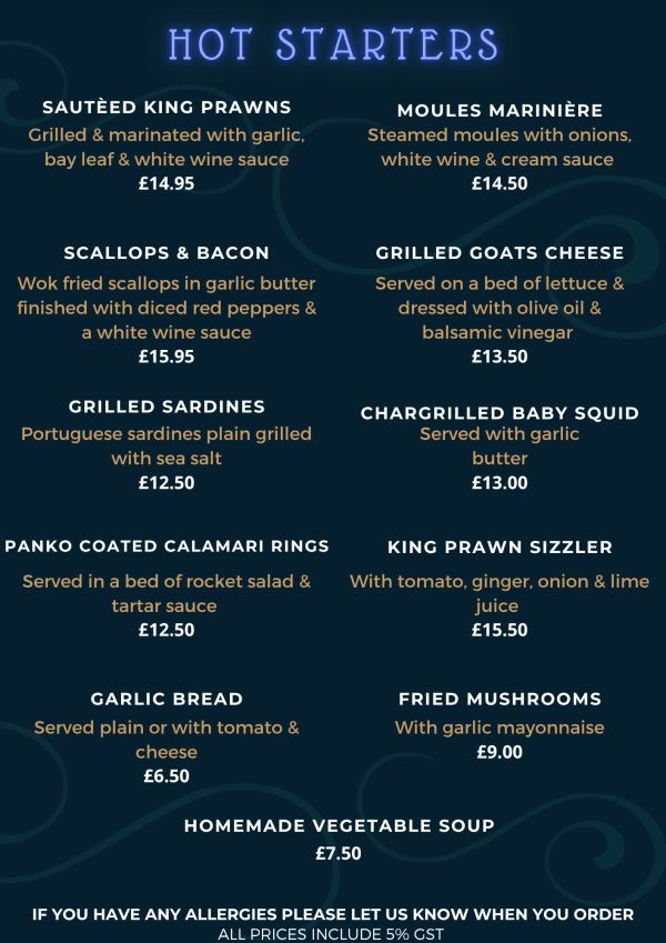 Seafood and vegetarian hot starters menu with prices.