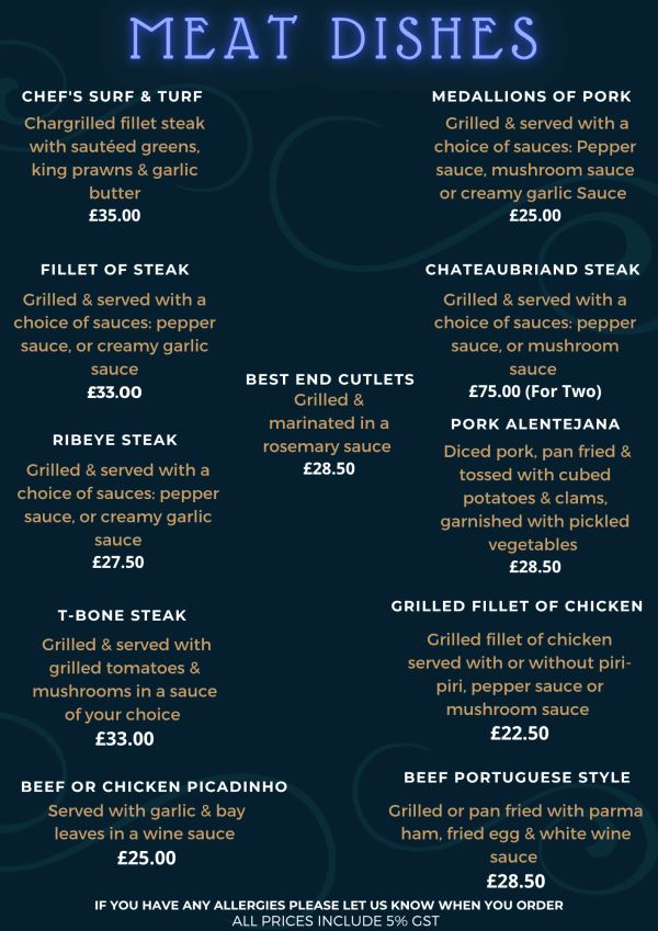 Menu of various meat dishes with prices.
