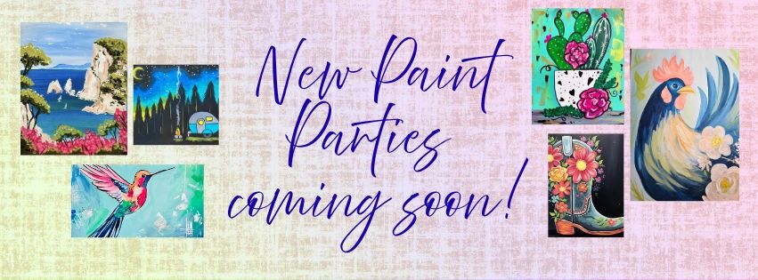 Announcement banner for upcoming paint parties with colorful paintings.