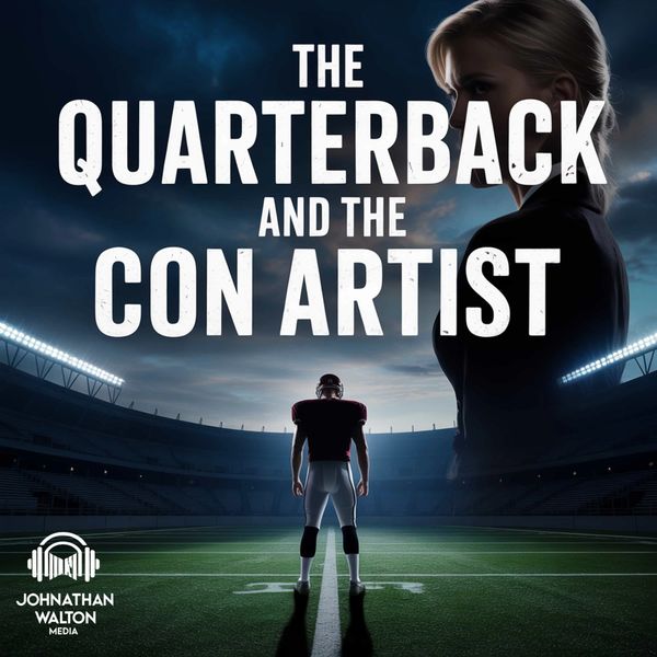 A dramatic podcast cover featuring a football player and a woman's silhouette titled 'The Quarterback and the Con Artist'.