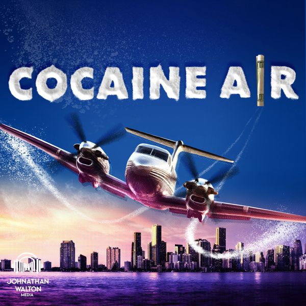 Airplane spelling out 'Cocaine Air' with cocaine and a bullet over a city skyline.