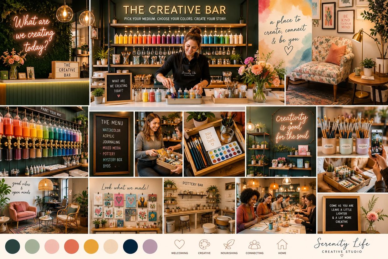 Creative studio with art supplies, cozy spaces, and inspiring quotes fostering creativity and connection.