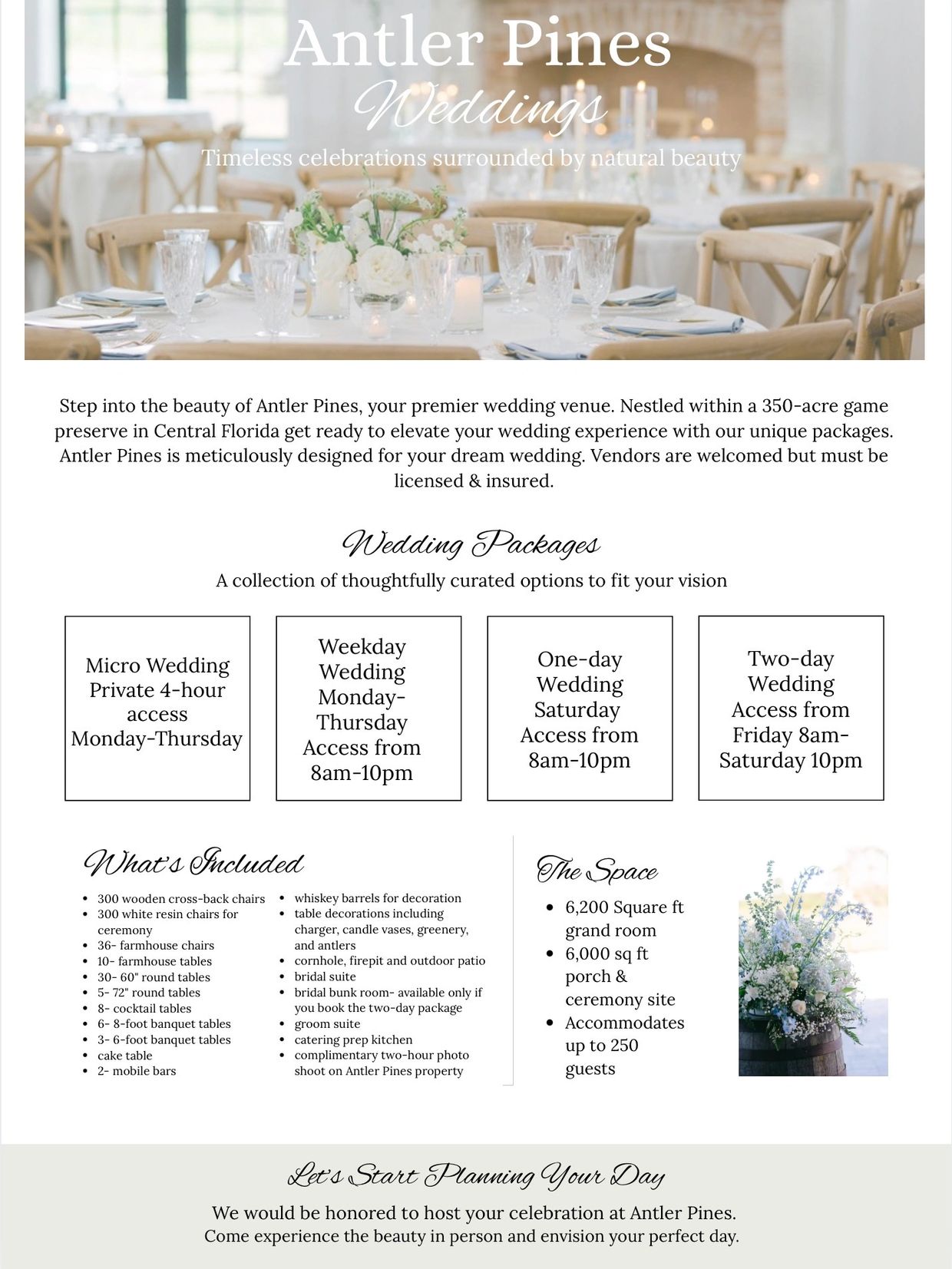 Wedding venue brochure for Antler Pines with packages and amenities.