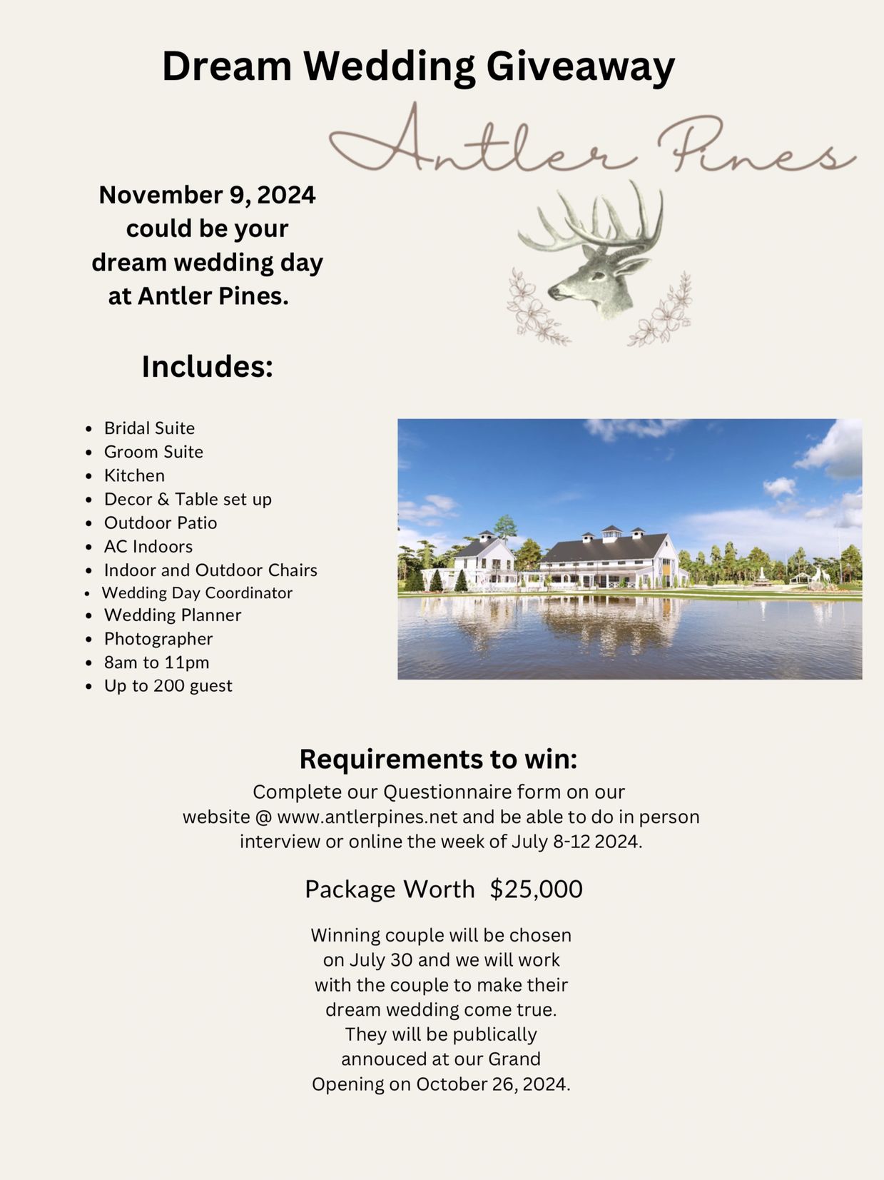 Dream Wedding Giveaway at Antler Pines on November 9, 2024.