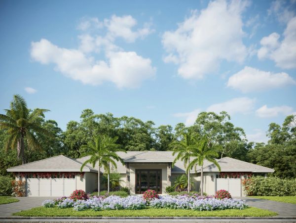 Modern single-story house with palm trees and colorful flowers.