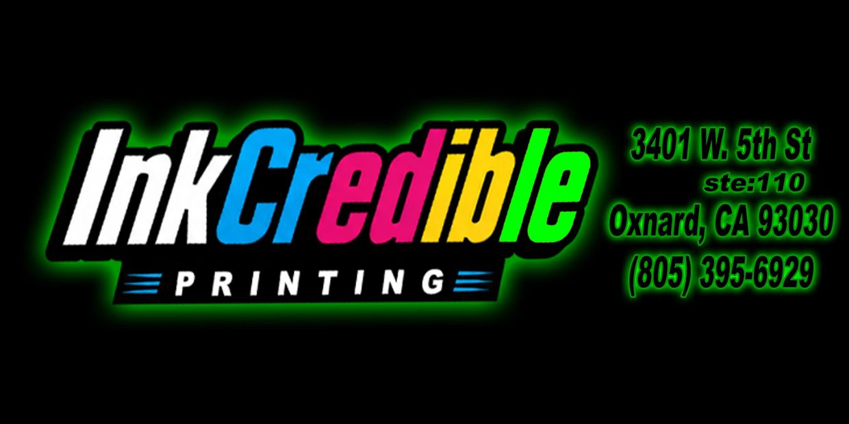 Colorful InkCredible Printing logo with contact details in green glow.