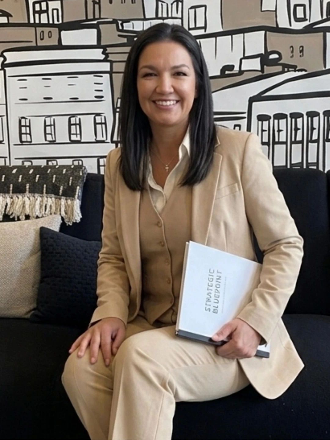 Woman in beige suit sitting on a couch, holding a notebook.
