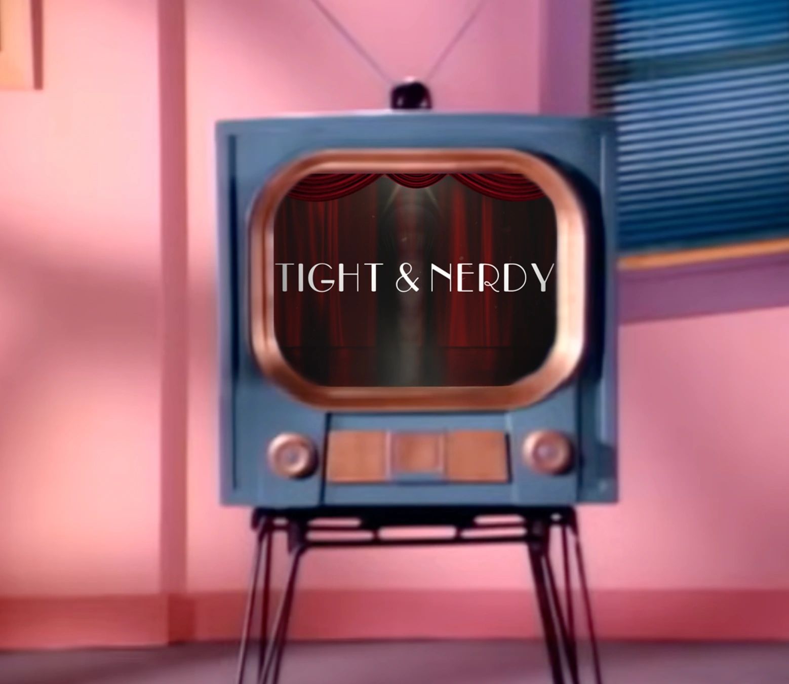 Vintage TV displaying 'TIGHT &amp; NERDY' text in a retro pink room.