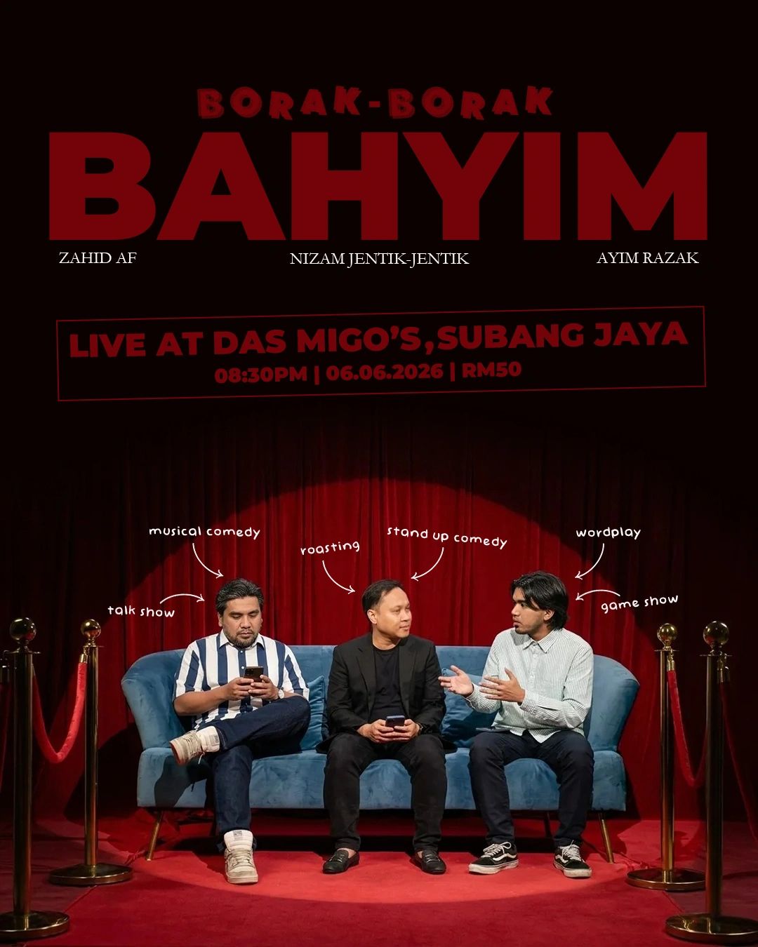 Comedy show poster featuring Borak-Borak Bahyim live at Das Migo's, Subang Jaya, June 6, 2026.