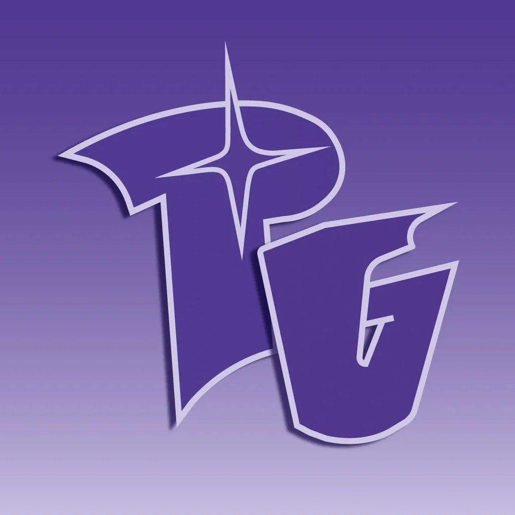 Stylized purple 'PG' logo with a sparkling effect on a gradient background.