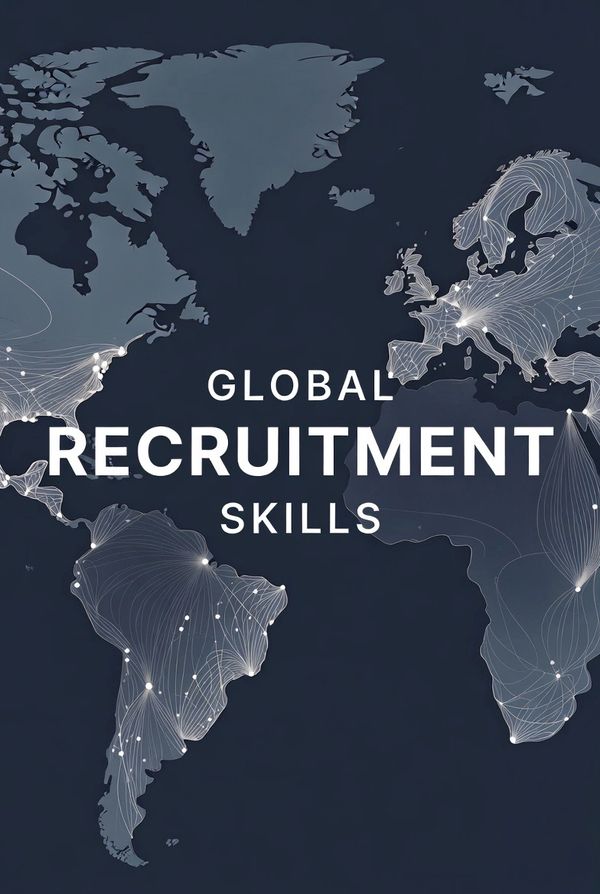 Global recruitment skills illustrated on a digital world map with network connections.