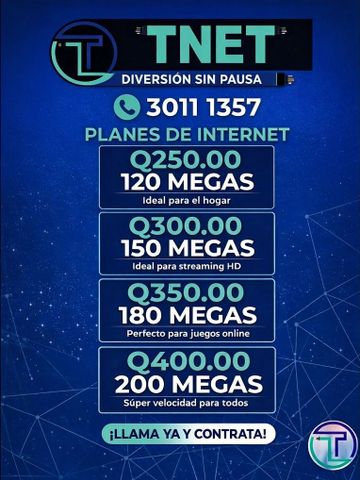 Publicidad de planes de internet con distintas velocidades y precios.