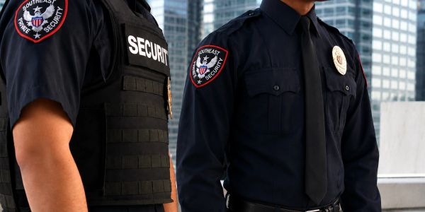 Two security officers in uniform standing outdoors in an urban setting.