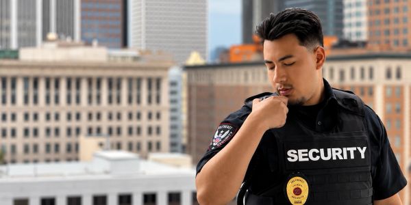 Security guard using a walkie-talkie on a rooftop with city buildings in the background.