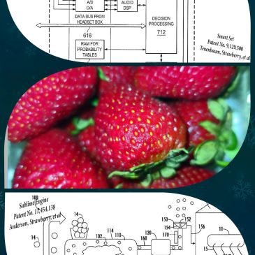 Close-up of ripe strawberries between patent diagrams.