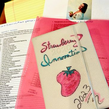 Notebook with strawberry design on top of papers and photo.