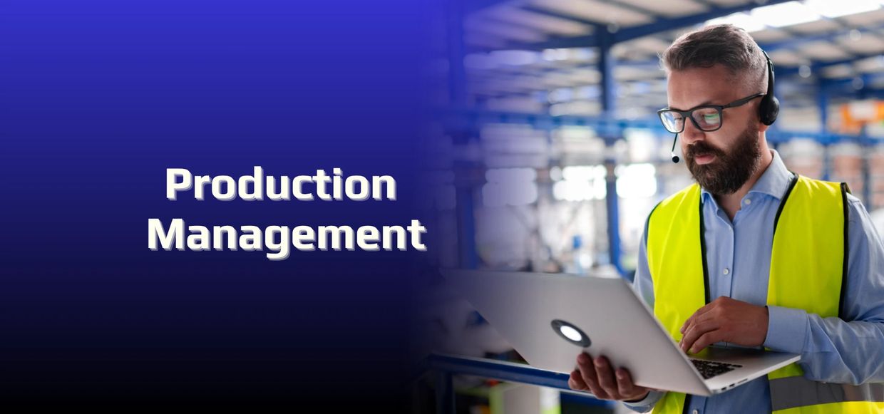 Man in a yellow safety vest managing production with a laptop and headset.