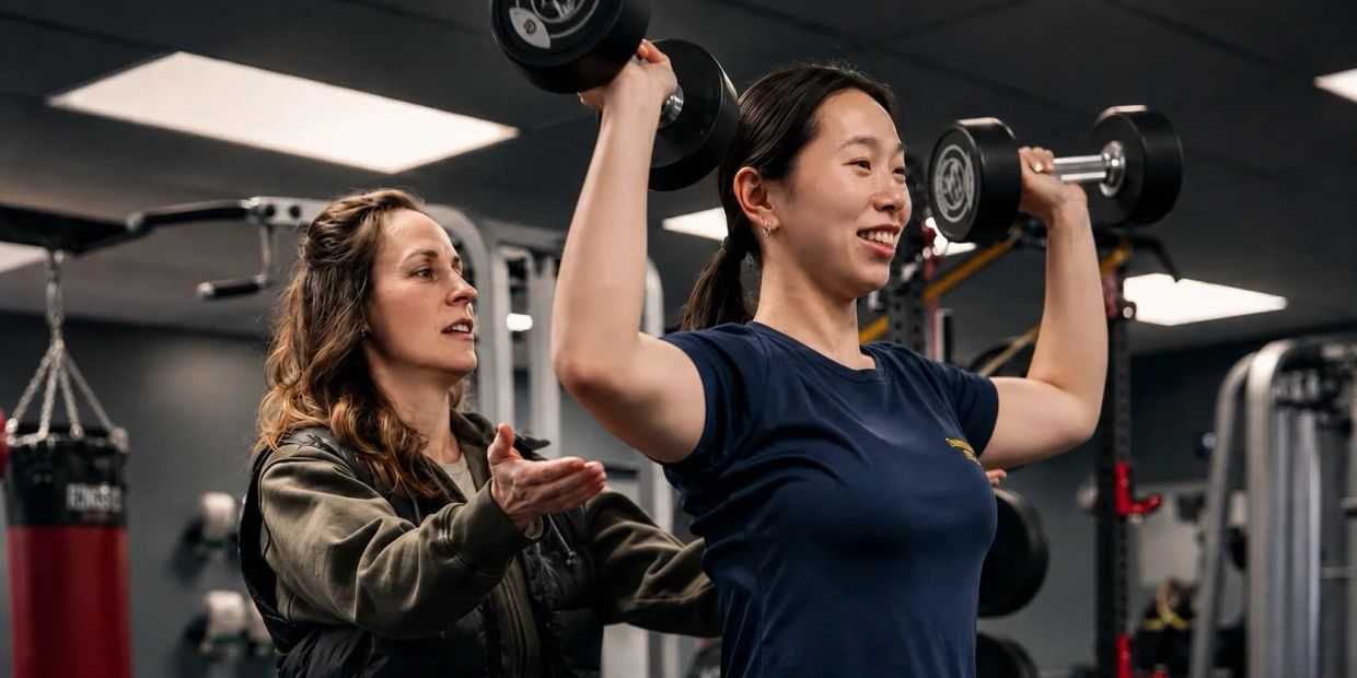 Trainer at LiV with client doing overhead dumbbell press
