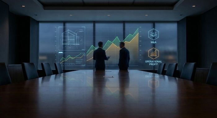 Two businessmen discuss financial growth charts in a modern conference room.