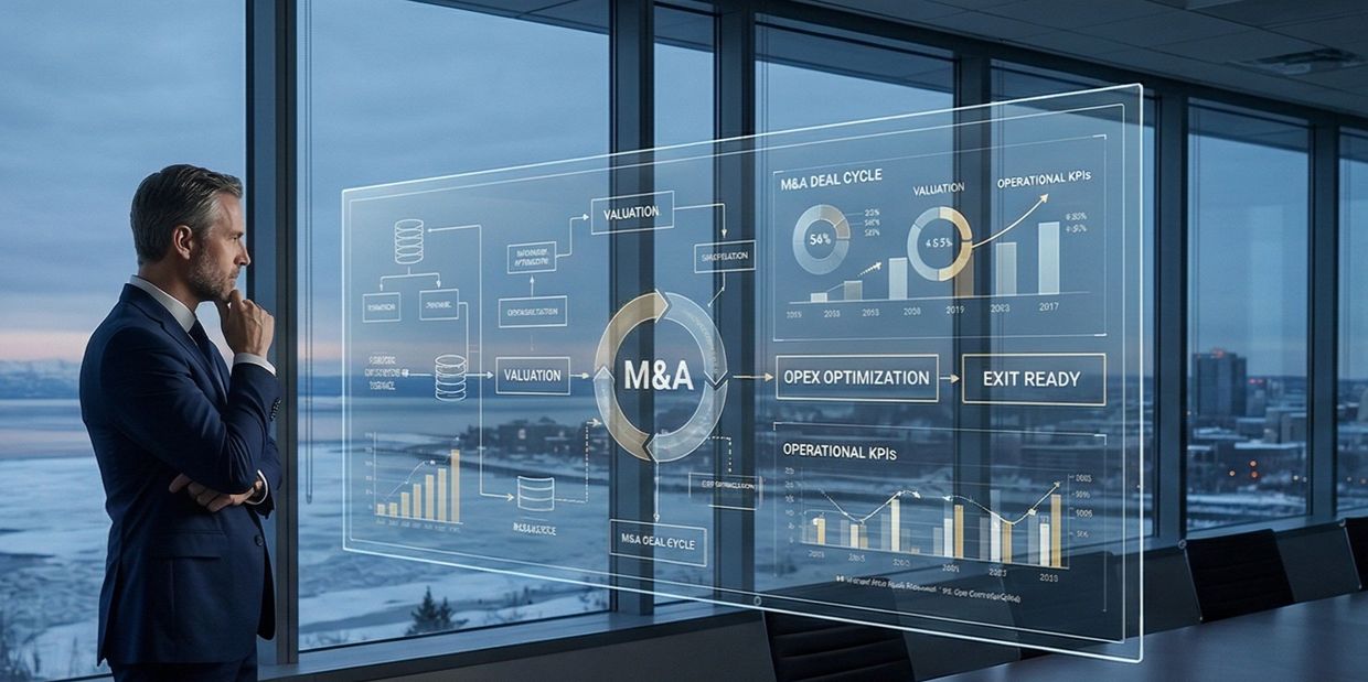 Businessman analyzing M&A and operational KPIs on futuristic transparent screen in office.
