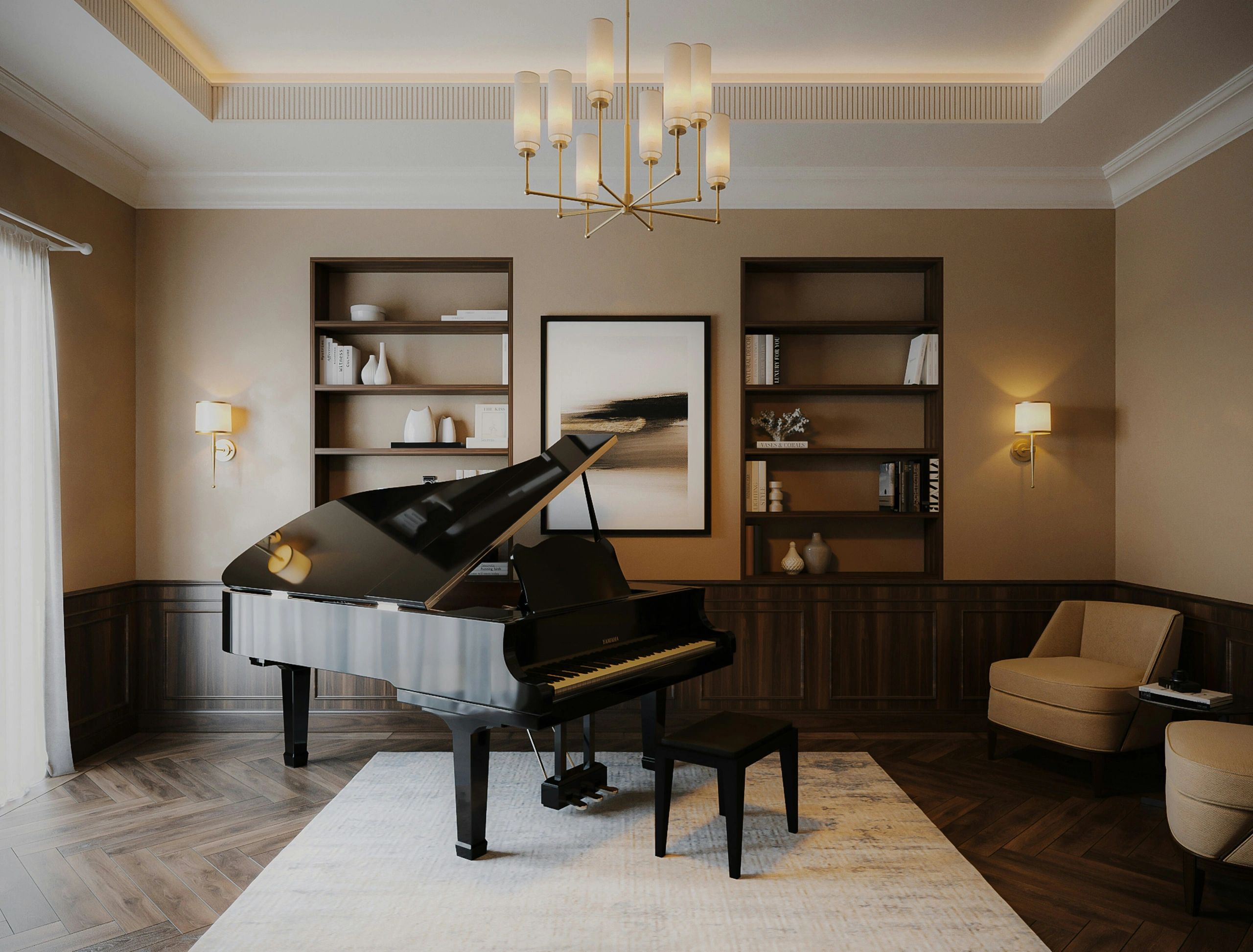 Elegant living room with a black grand piano and modern chandelier.