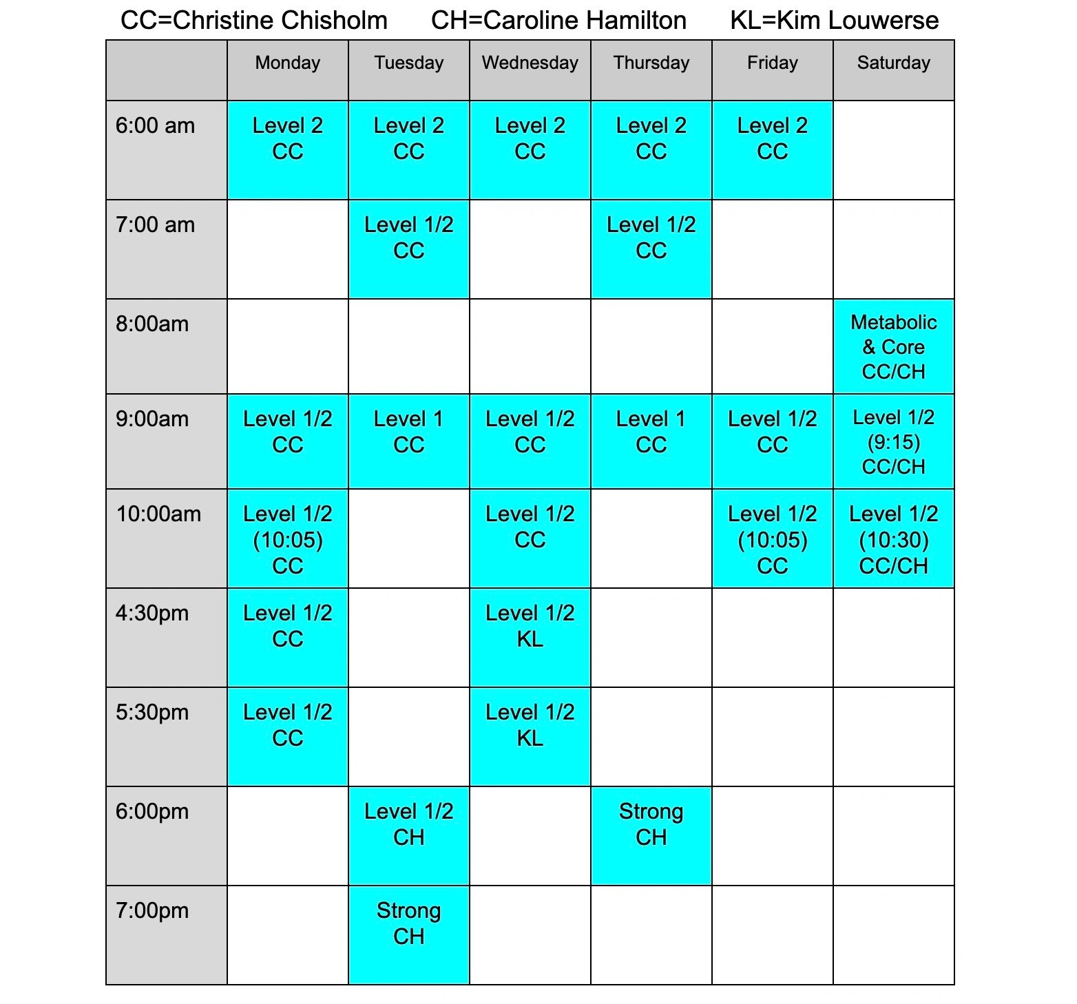 Weekly fitness class schedule with times and instructor codes.