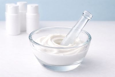 Glass bowl with white cream and glass spatula on a white surface.