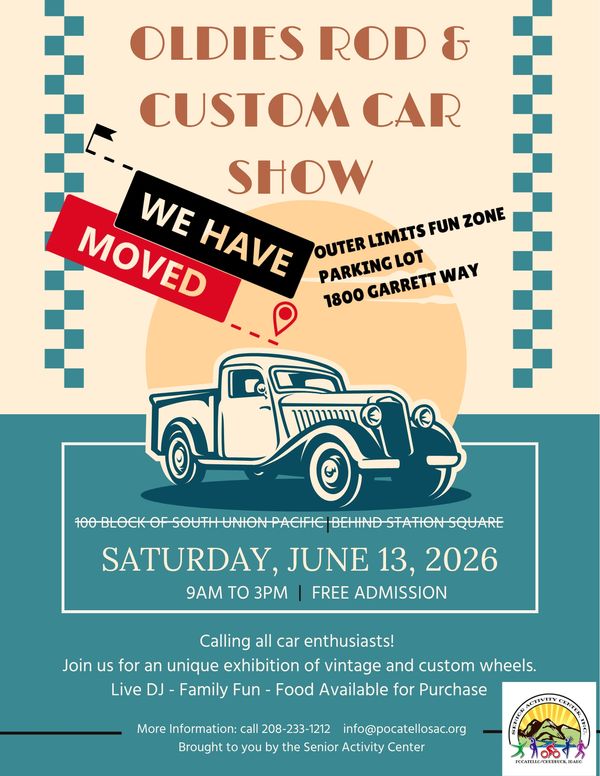 Flyer announcing the Oldies Rod &amp; Custom Car Show with new location and event details.
