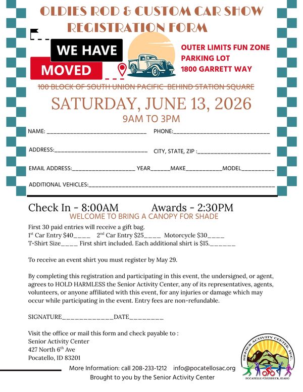 Registration form for Oldies Rod &amp; Custom Car Show on June 13, 2026, at Outer Limits Fun Zone parking lot.