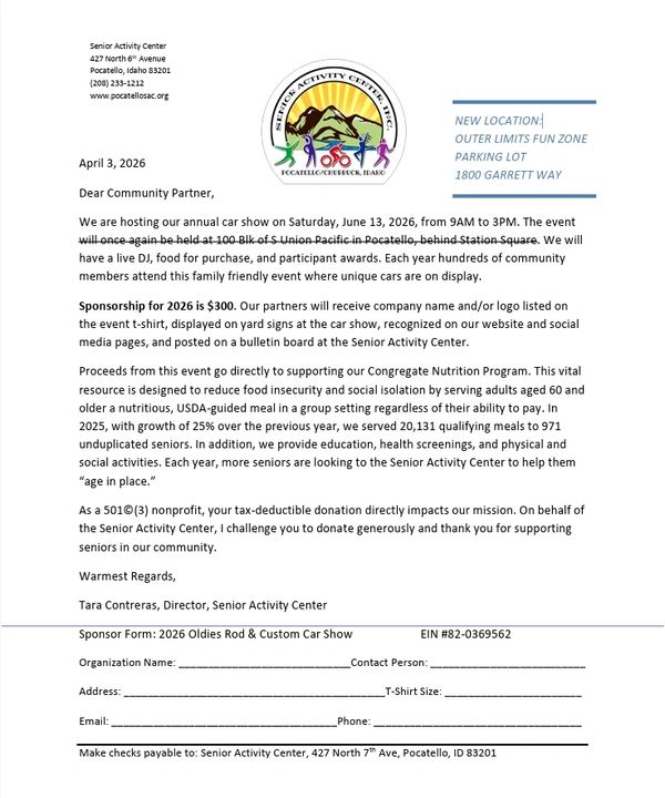 Letter announcing Senior Activity Center's annual car show and sponsorship opportunity for 2026.