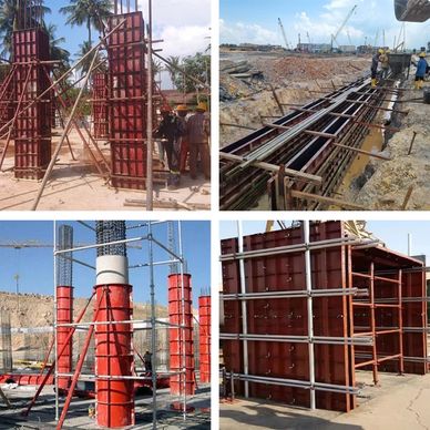 Various construction sites showing formwork and scaffolding for concrete structures.